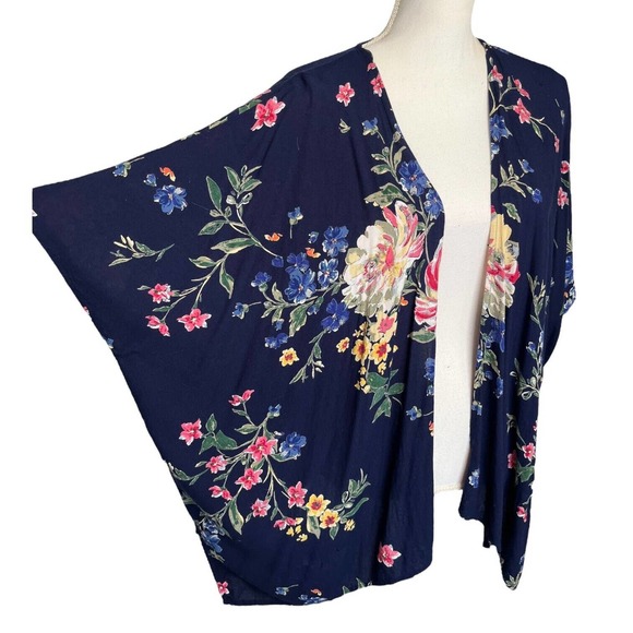 Angie Kimono Womens S Boho Floral Print Open Cardigan Drape Dolman Navy Blue - Picture 8 of 12